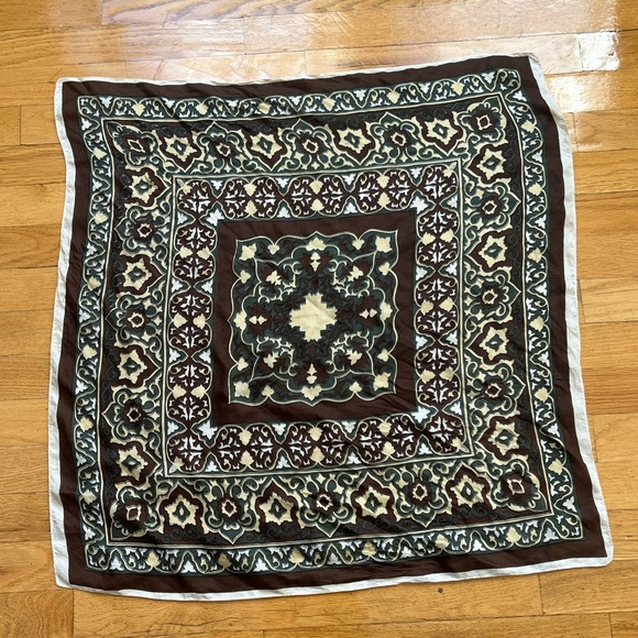 Accessories - Brown green yellow white pattern square scarf